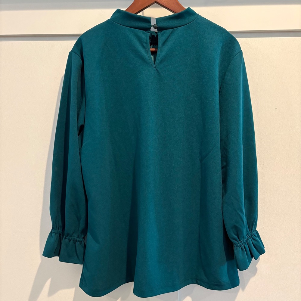 Teal Green Ruffle Mock Neck Blouse Long Sleeve Cottagecore XL - Picture 6 of 11